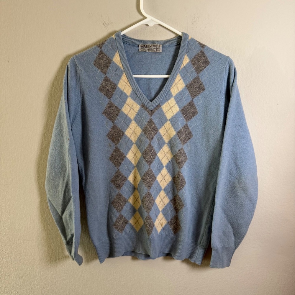 Jaeger Mens Vintage Argyle V-Neck Lambswool Sweater‎ Blue Made in Great Britain